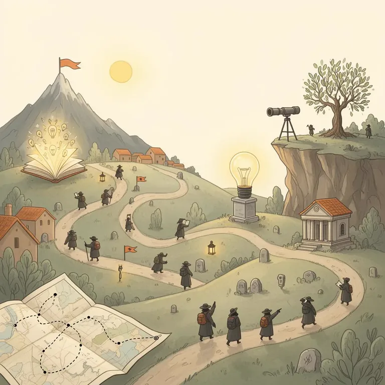 An illustrated landscape of winding paths leading explorers toward mountains, books, and ideas